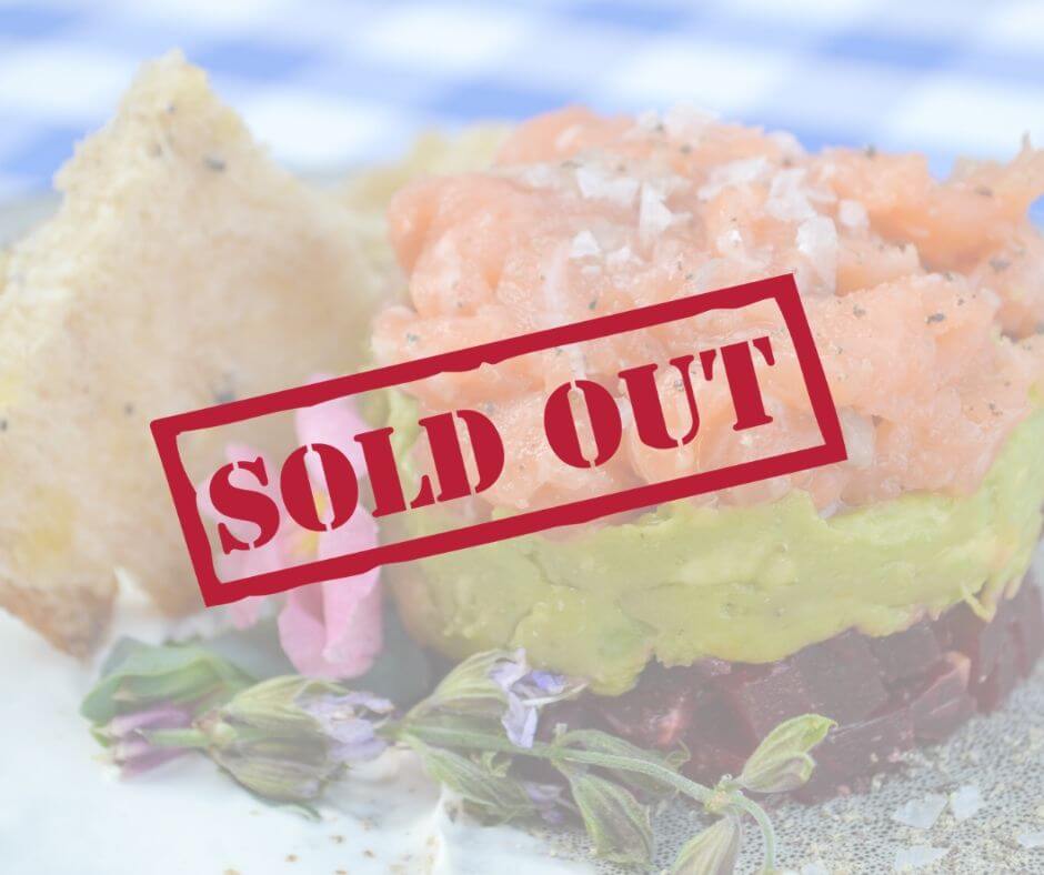Sold Out sign over plate of Slamon Tartare